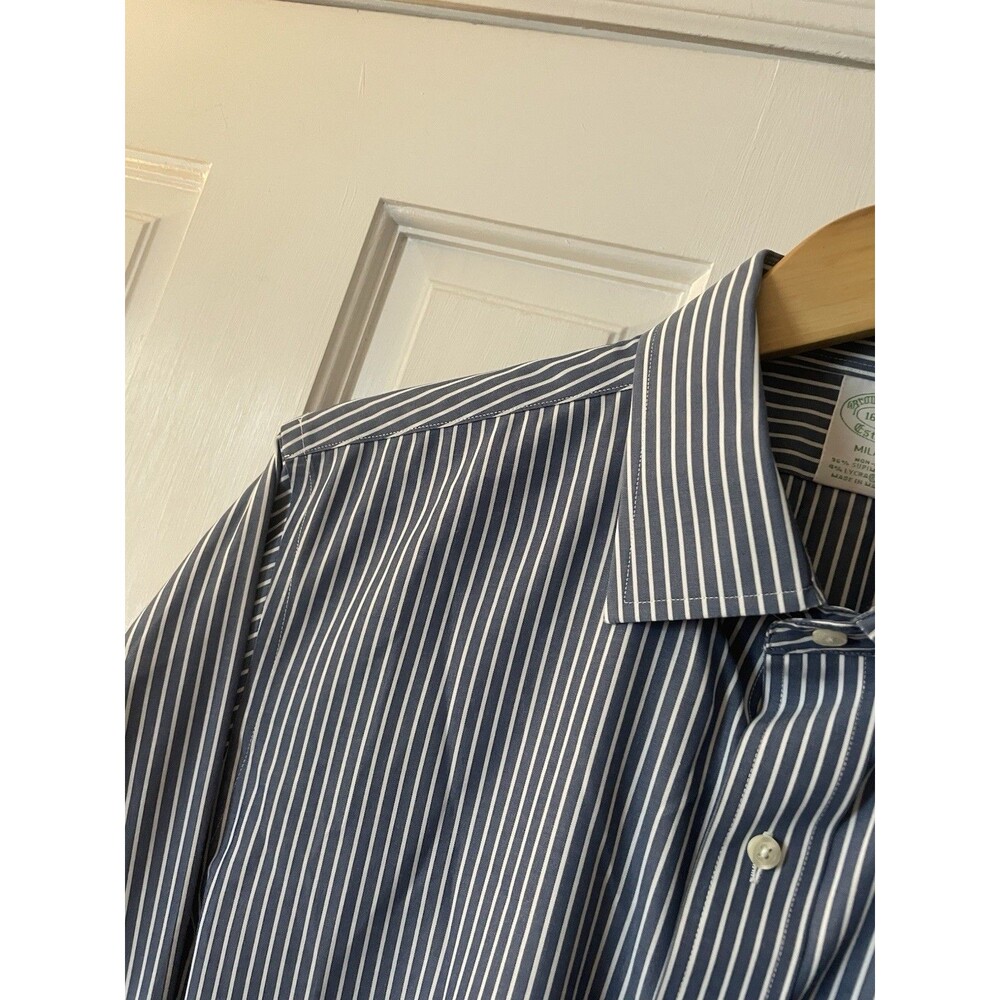 Brooks Brothers Milano Fit Shirt Mens 16.5 35 Blue White Stripe Supima Stretch - Picture 3 of 6